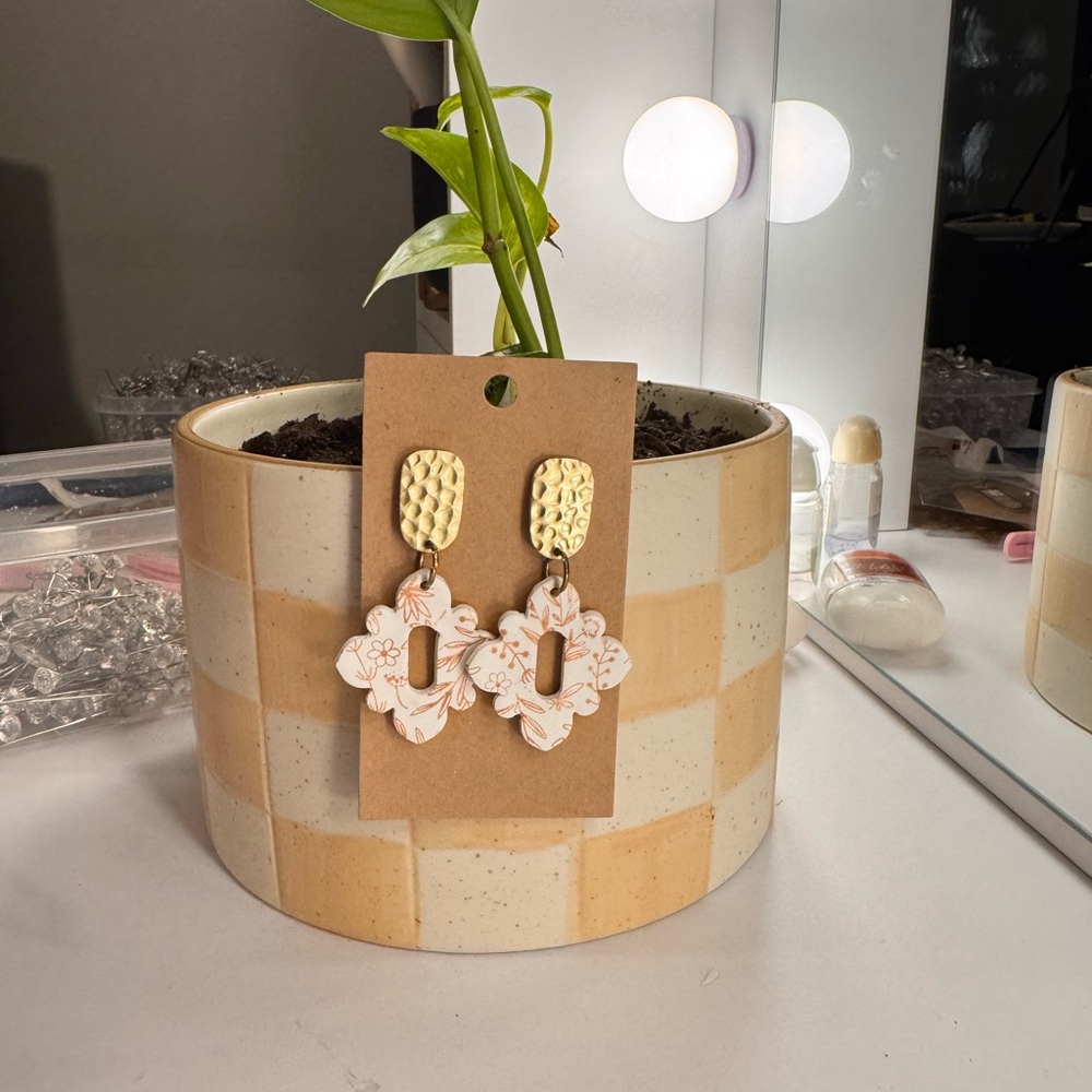 Floral Clover Dangle Earrings with Gold Textured Tops